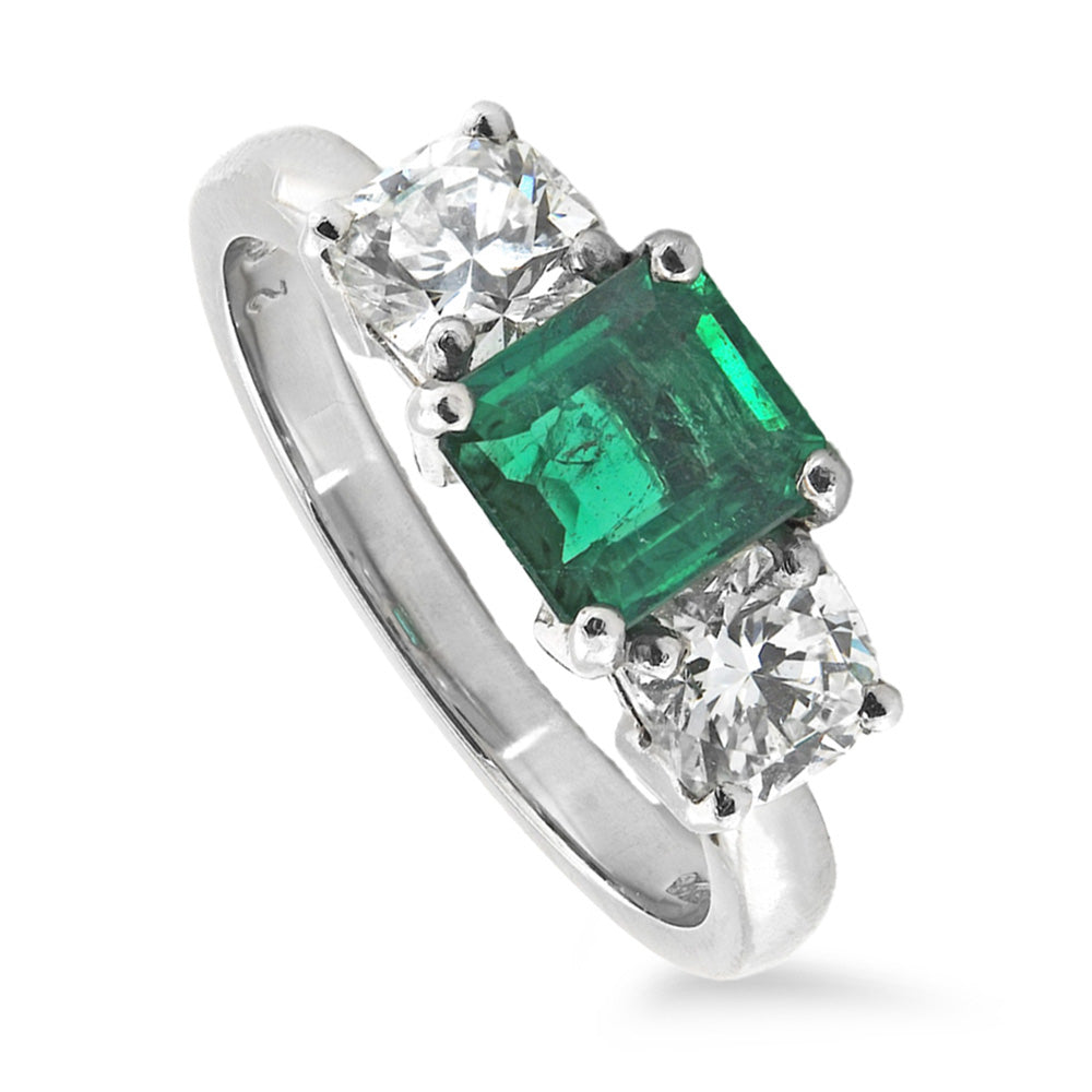 Platinum 1.03ct Princess Cut Emerald And 1.04ct Princess Cut Diamond Three Stone Engagement Ring