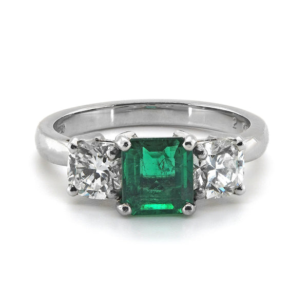 Platinum 1.03ct Princess Cut Emerald And 1.04ct Princess Cut Diamond Three Stone Engagement Ring