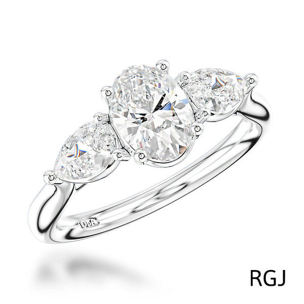 The Florentine Platinum 0.56ct Oval And 0.27ct Pear Cut Diamond Three Stone Engagement Ring
