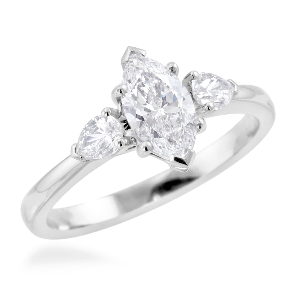 Platinum 1ct Marquise And Pear Cut Diamond Three Stone Engagement Ring