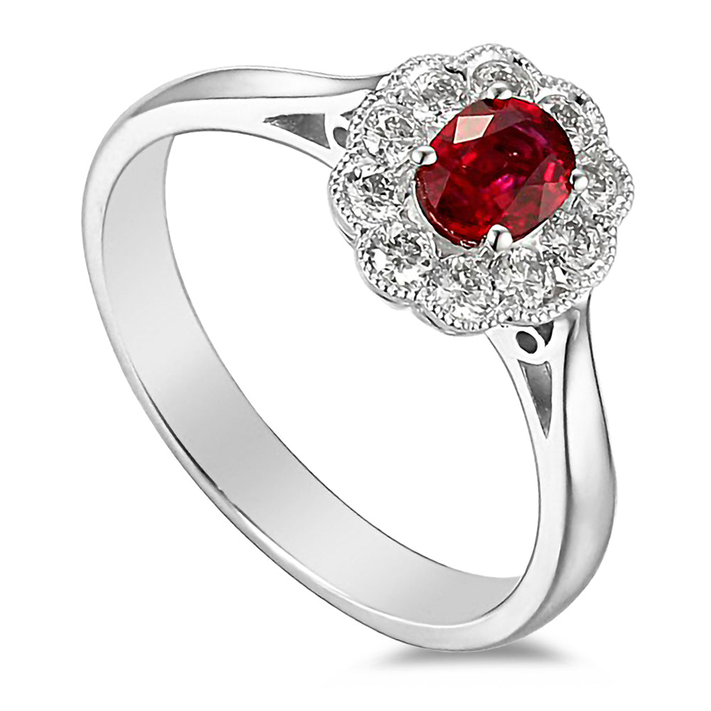 18ct White Gold 0.55ct Oval Cut Ruby And 0.26ct Round Brilliant Cut Diamond Halo Cluster Ring