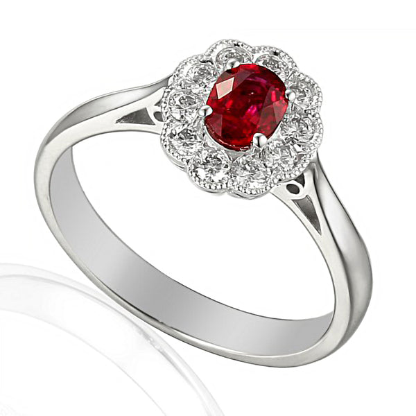 18ct white gold 0.55ct oval cut ruby and 0.26ct round brilliant cut diamond halo cluster ring