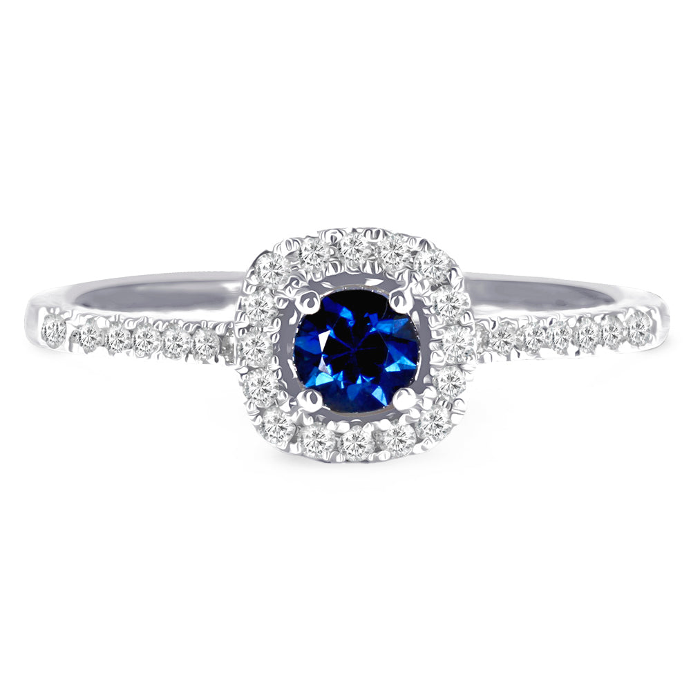 18ct White Gold 0.27ct Round Brilliant Cut Sapphire and 0.18ct Diamond Halo and Diamond Set Shoulders Ring