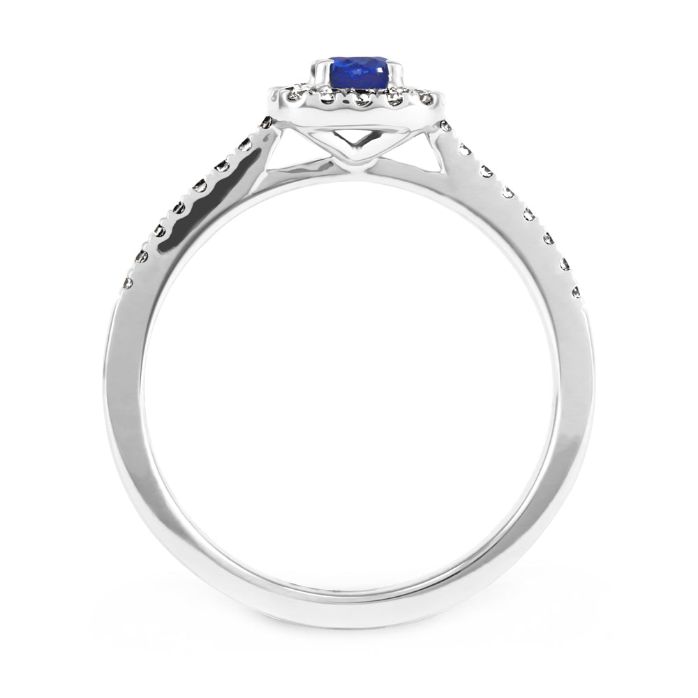 18ct White Gold 0.27ct Round Brilliant Cut Sapphire and 0.18ct Diamond Halo and Diamond Set Shoulders Ring