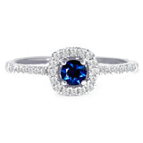 18ct White Gold 0.27ct Round Brilliant Cut Sapphire and 0.18ct Diamond Halo and Diamond Set Shoulders Ring