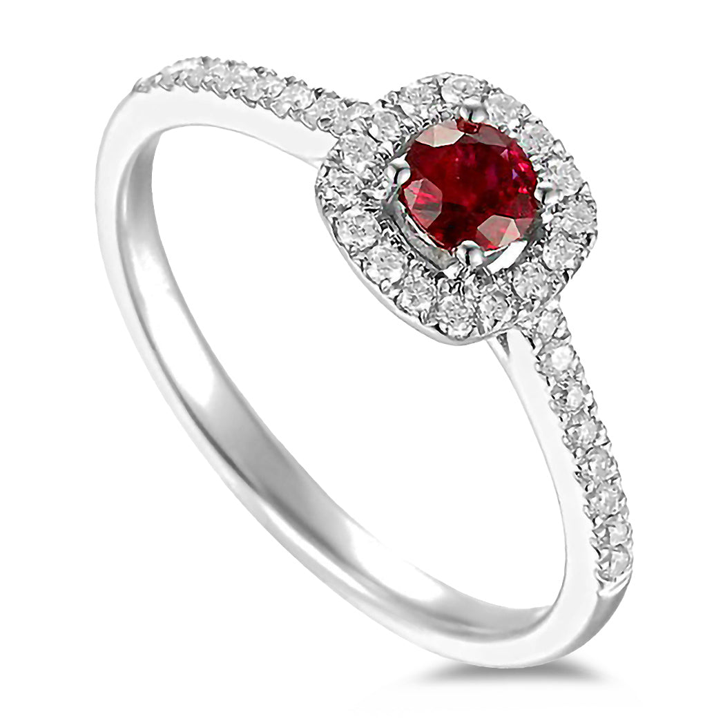 18ct White Gold 0.29ct Round Brilliant Cut Ruby Ring With 0.18ct Diamond Halo And Diamond Set Shoulders