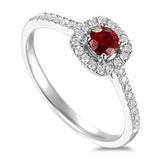 18ct White Gold 0.29ct Round Brilliant Cut Ruby Ring With 0.18ct Diamond Halo And Diamond Set Shoulders