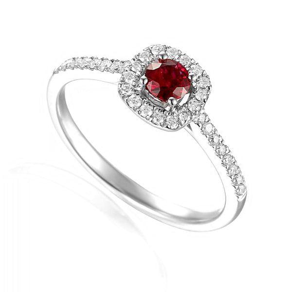 18ct white gold 0.29ct round brilliant cut ruby ring with 0.18ct diamond halo and diamond set shoulders