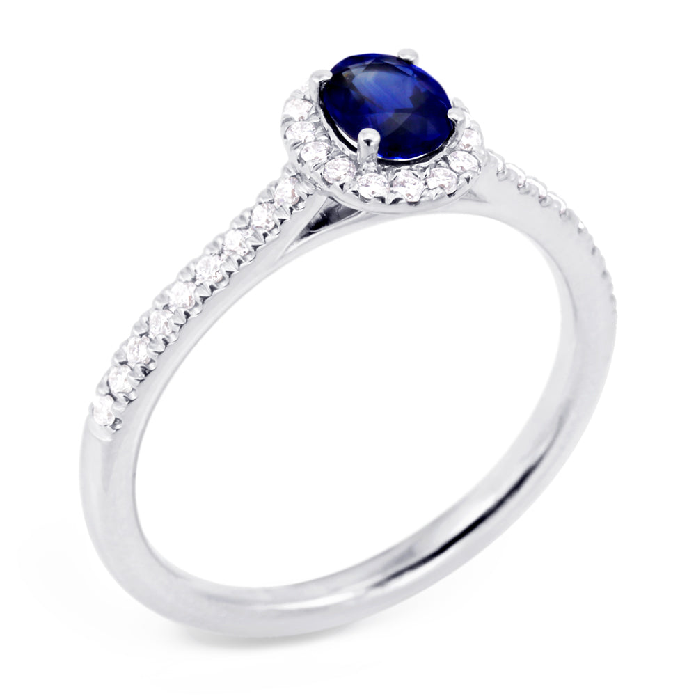 18ct White Gold 0.50ct Oval Cut Blue Sapphire and 0.19ct Diamond Ring