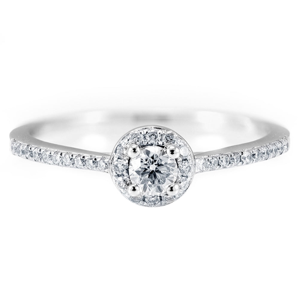 The Buttercup Platinum 0.10ct Round Brilliant Cut Diamond Halo Engagement Ring With 0.15ct Diamond Set Shoulders