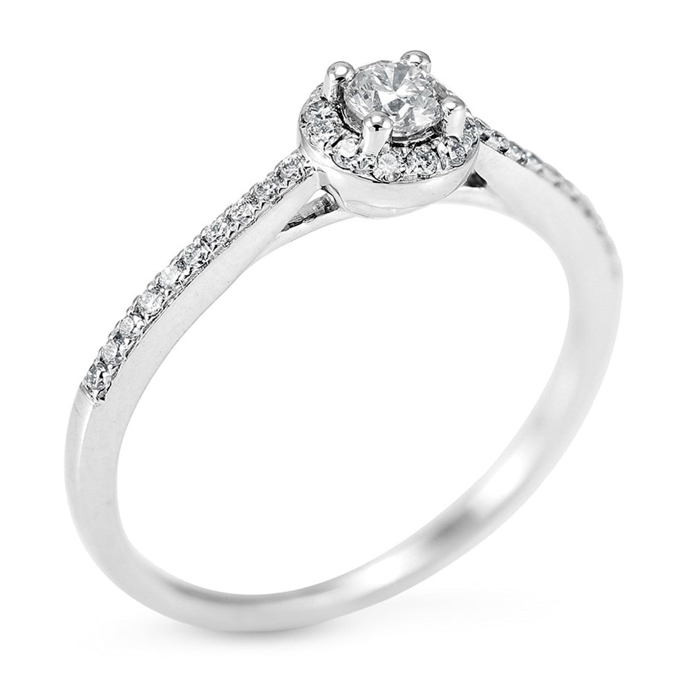 The Buttercup Platinum 0.10ct Round Brilliant Cut Diamond Halo Engagement Ring With 0.15ct Diamond Set Shoulders