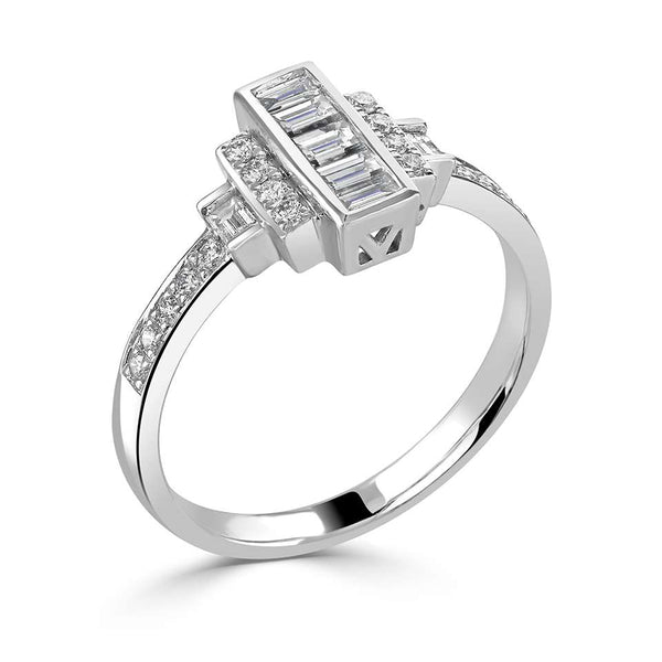 Platinum 0.46ct Emerald And Round Brilliant Cut Diamond Art Deco Style Ring