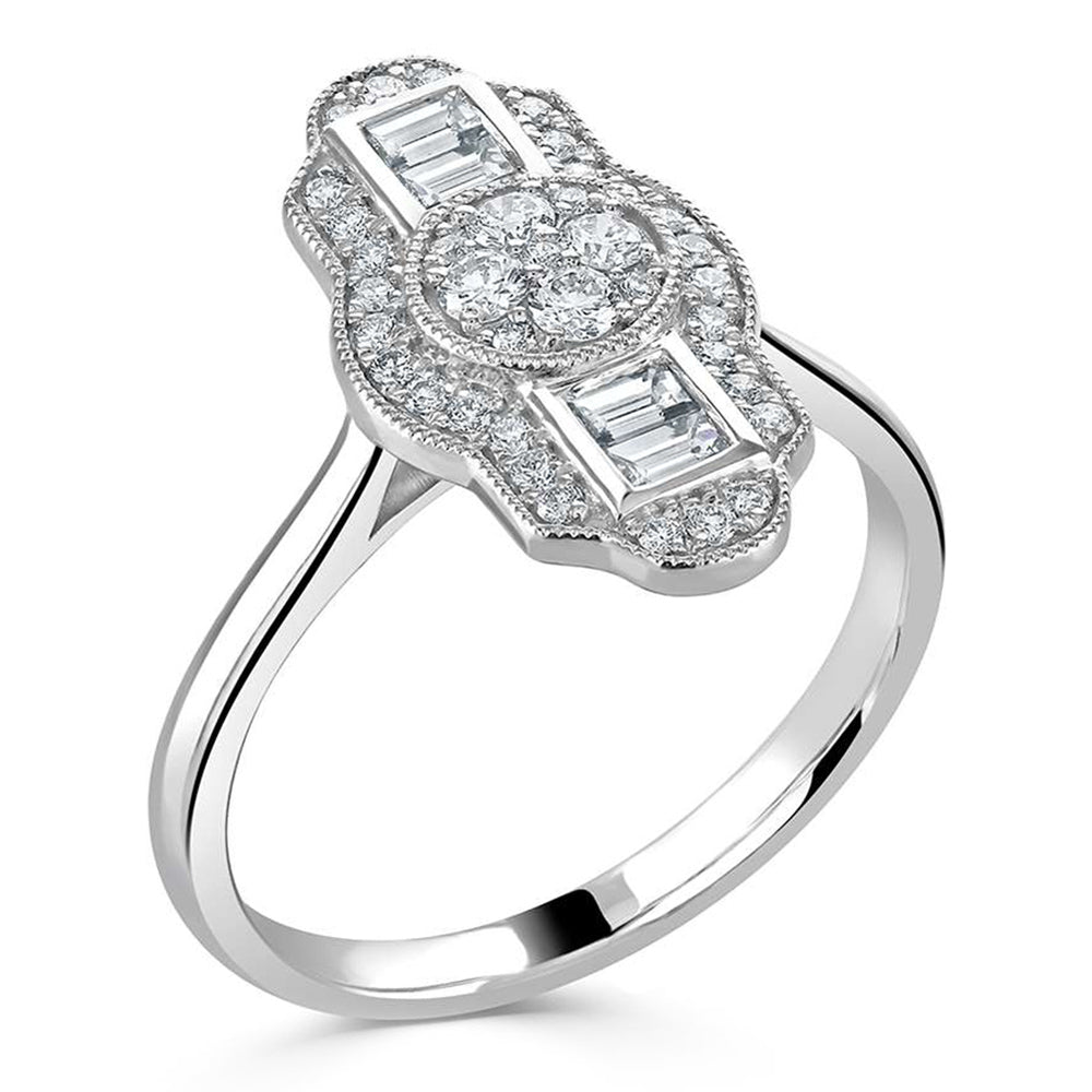 Platinum 0.52ct Emerald And Round Brilliant Cut Diamond Art Deco Style Ring