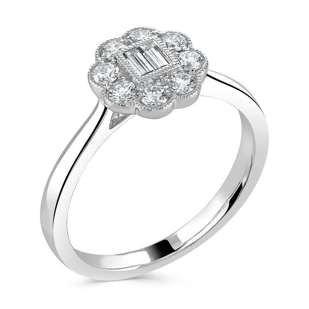 Platinum 0.42ct Emerald And Round Brilliant Cut Floral Art Deco Style Ring