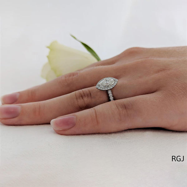 The Skye Platinum 0.51ct Marquise Cut Diamond Engagement Ring With 0.35ct Diamond Halo And Diamond Set Shoulders