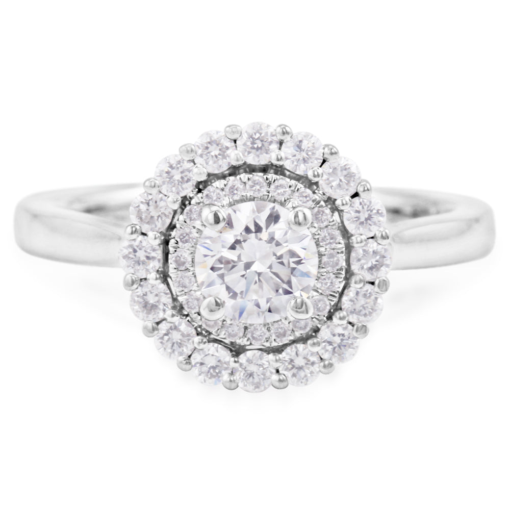 Platinum 0.93ct Round Brilliant Cut Diamond Engagement Ring With Double Diamond Halo