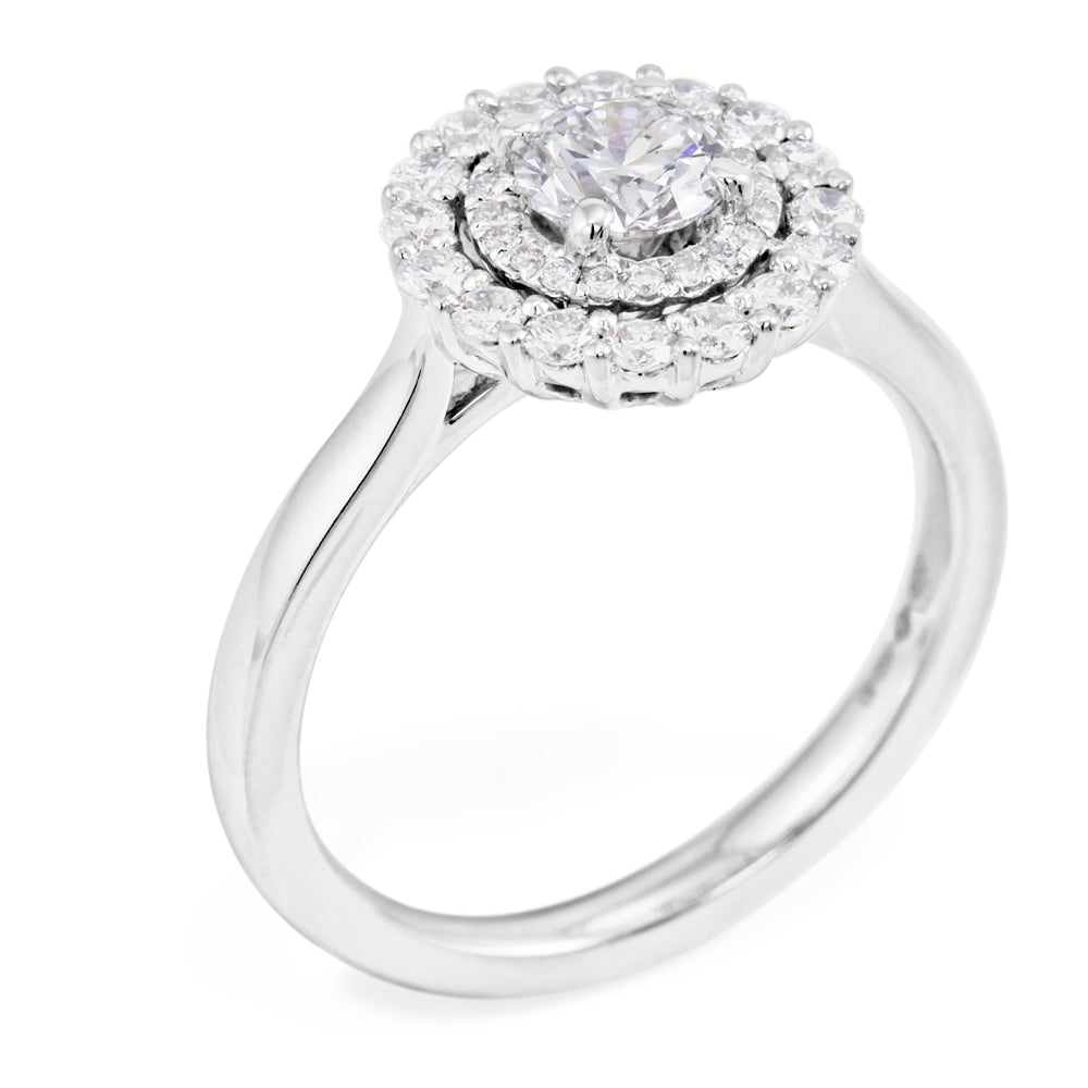 Platinum 0.93ct Round Brilliant Cut Diamond Engagement Ring With Double Diamond Halo