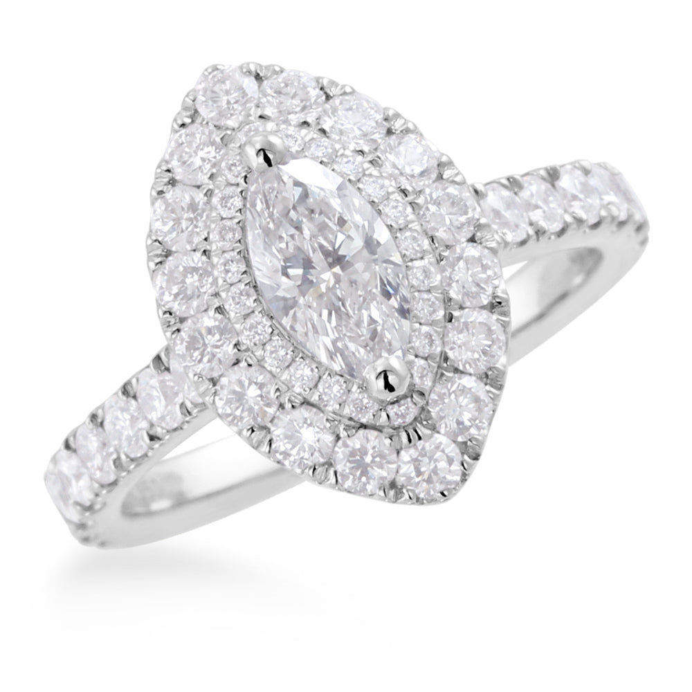 Platinum 1.55ct Marquise And Round Brilliant Cut Diamond Engagement Ring With Double Diamond Halo And Shoulders