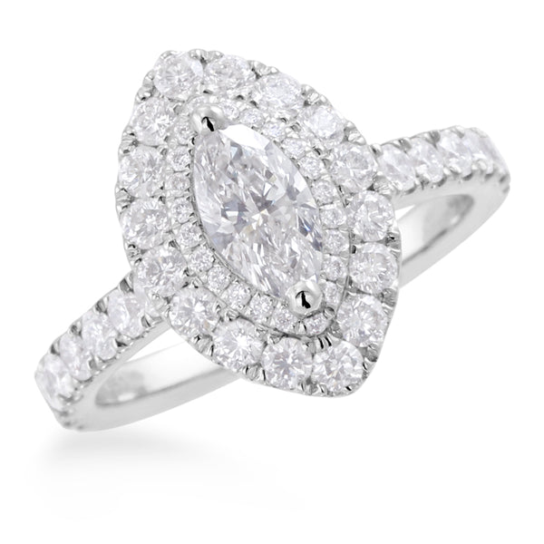 Platinum 1.55ct Marquise And Round Brilliant Cut Diamond Engagement Ring With Double Diamond Halo And Shoulders