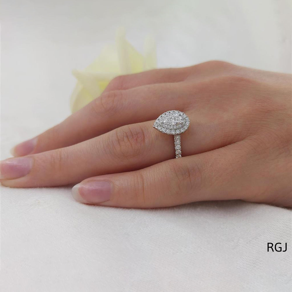 The Skye Duo Platinum 0.36ct Pear Cut Diamond Engagement Ring With 0.41ct Double Diamond Halo And Diamond Set Shoulders