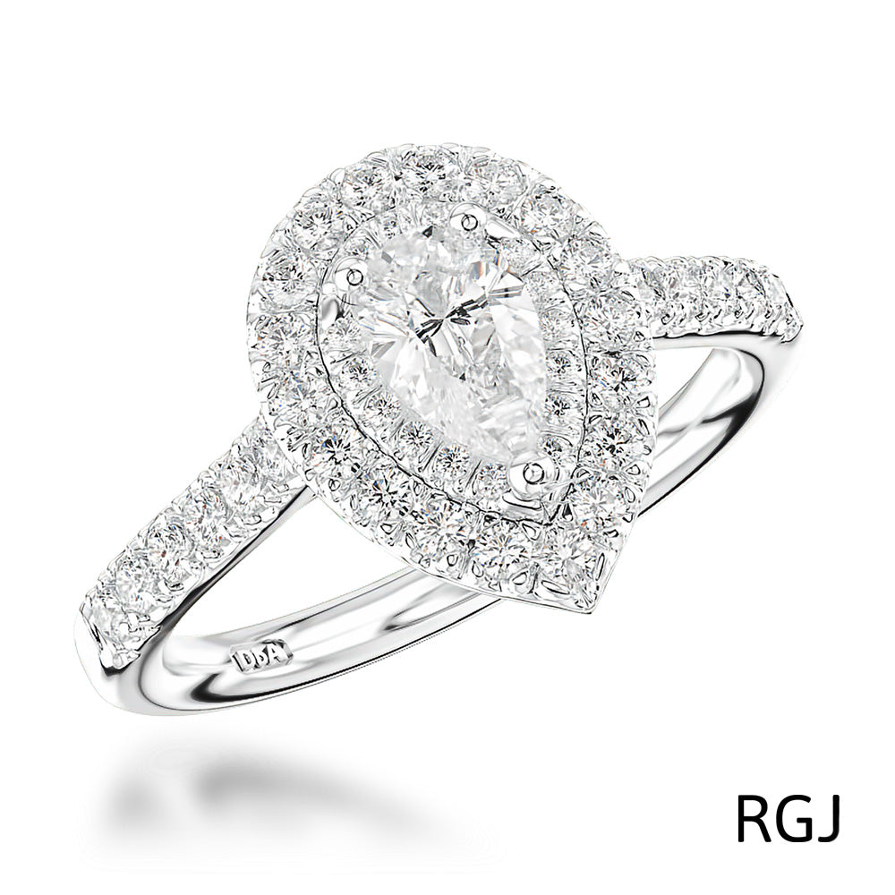 The Skye Duo Platinum 0.36ct Pear Cut Diamond Engagement Ring With 0.41ct Double Diamond Halo And Diamond Set Shoulders