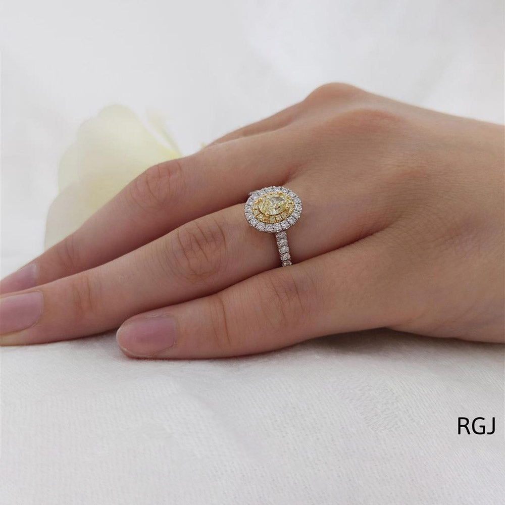 The Skye Duo Platinum 0.54ct Oval Cut Yellow Diamond Engagement Ring With 0.47ct Yellow And White Diamond Halo And Diamond Set Shoulders