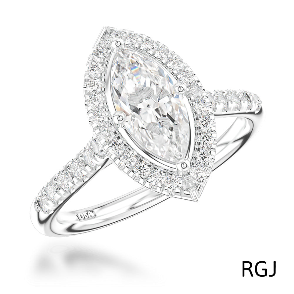 The Skye Platinum 0.31ct Marquise Cut Diamond Engagement Ring With 0.27ct Diamond Halo And Diamond Set Shoulders
