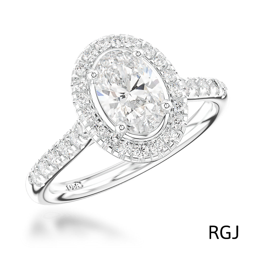 The Skye Platinum 0.40ct Oval Cut Diamond Engagement Ring With 0.31ct Diamond Halo And Diamond Set Shoulders