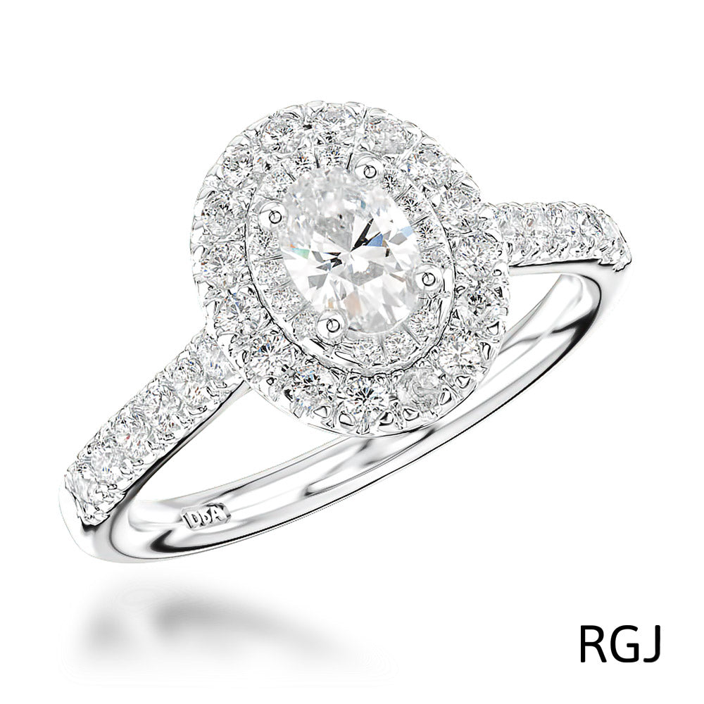The Skye Duo Platinum 1.01ct Oval Cut Diamond Engagement Ring With 0.61ct Double Diamond Halo And Diamond Set Shoulders