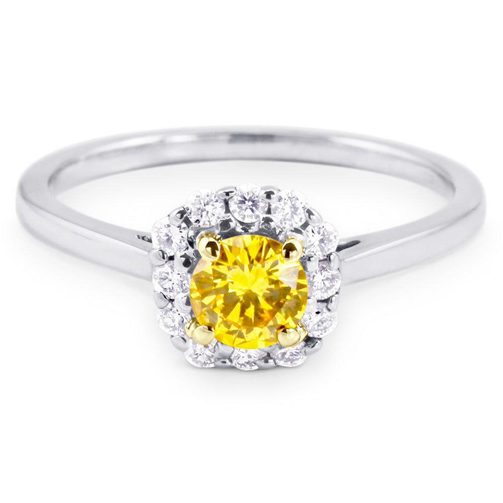 18ct White Gold 0.36ct Round Brilliant Cut Yellow Diamond and 0.18ct Diamond Halo Engagement Ring