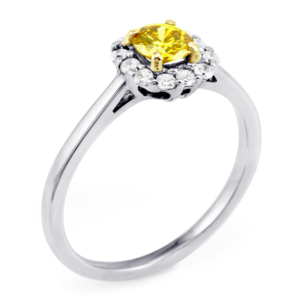 18ct White Gold 0.36ct Round Brilliant Cut Yellow Diamond and 0.18ct Diamond Halo Engagement Ring