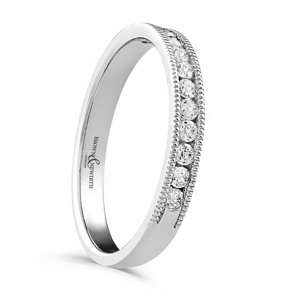 Platinum 0.20ct Round Brilliant Cut Diamond Channel Set Half Eternity Ring With Millgrain Detailing