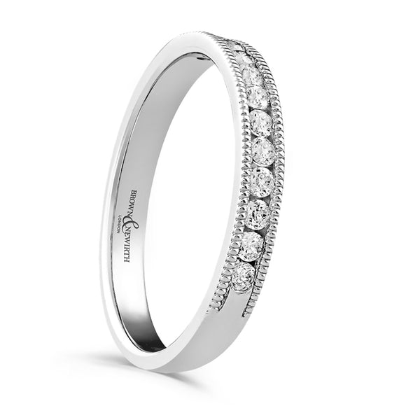 Platinum 0.20ct Round Brilliant Cut Diamond Channel Set Half Eternity Ring With Millgrain Detailing