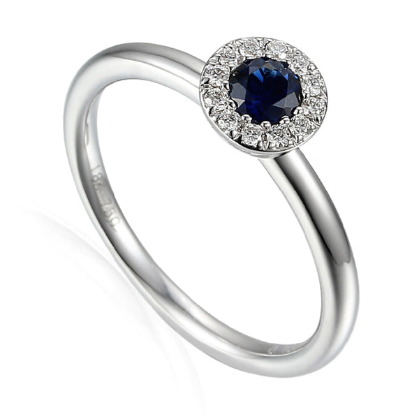 18ct White Gold 0.32ct Sapphire And 0.10ct Diamond Halo Ring