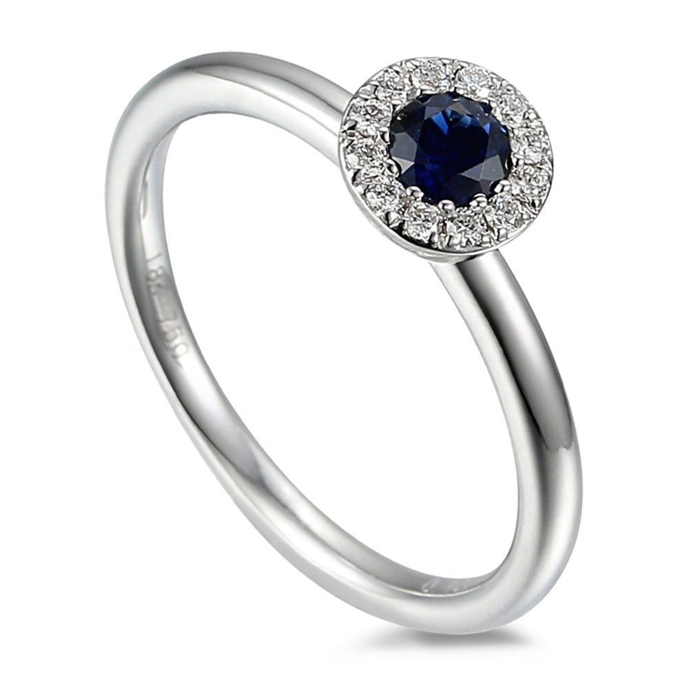 18ct White Gold 0.32ct Sapphire And 0.10ct Diamond Halo Ring
