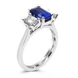 Platinum Emerald Cut 1.73ct Blue Sapphire And 1.04ct Diamond Three Stone Ring