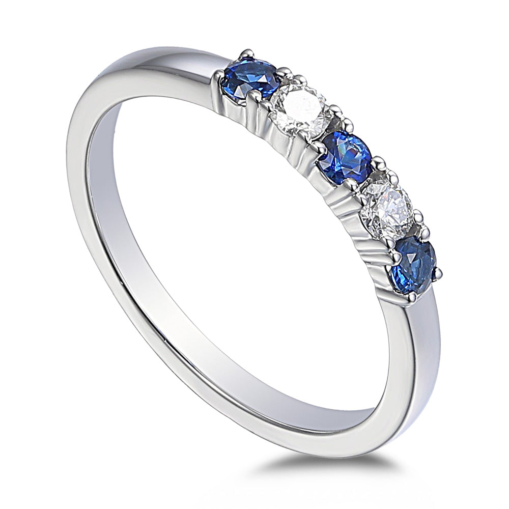 18ct White Gold 0.89ct Blue Sapphire And 0.38ct Diamond Round Brilliant Cut Five Stone Ring
