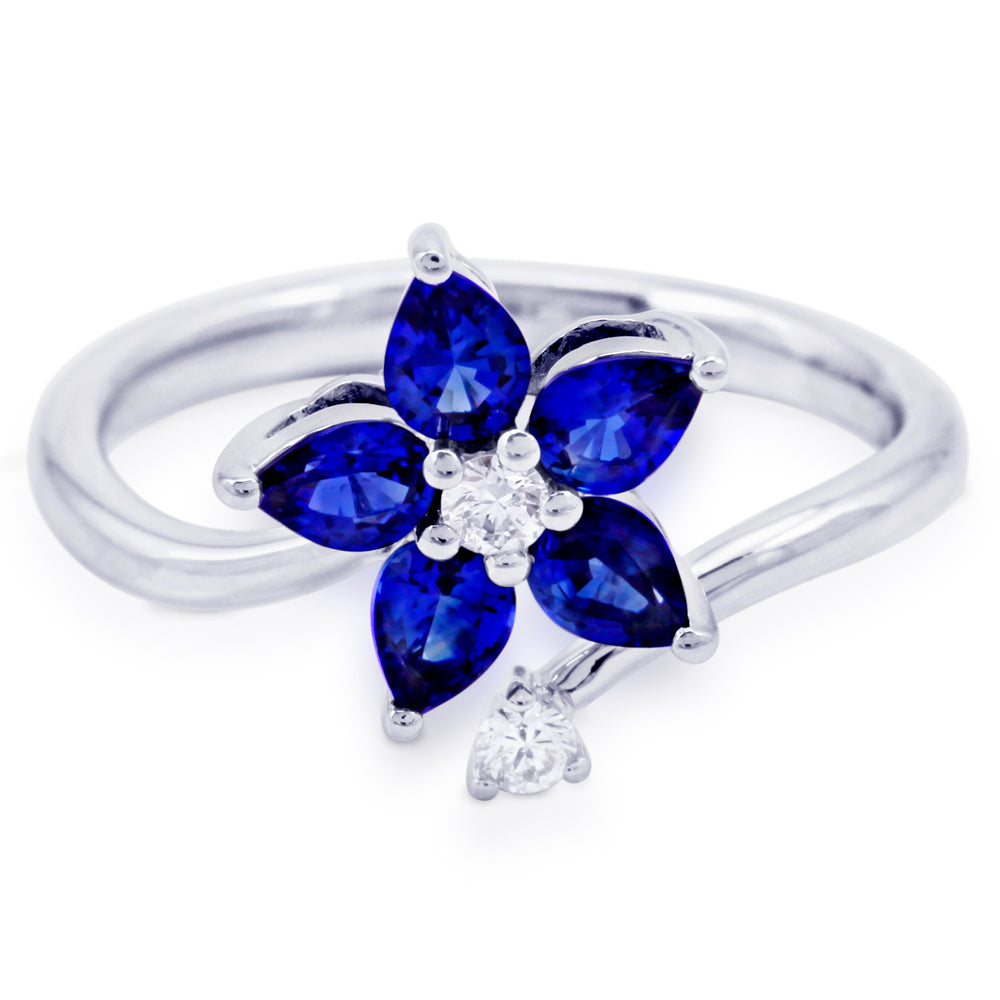 18ct White Gold 0.99ct Sapphire And 0.12ct Diamond Flower Ring