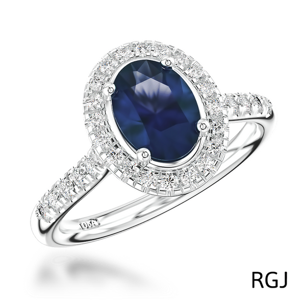 The Skye Platinum 1.43ct Oval Cut Blue Sapphire Ring With 0.41ct Diamond Halo And Diamond Set Shoulders