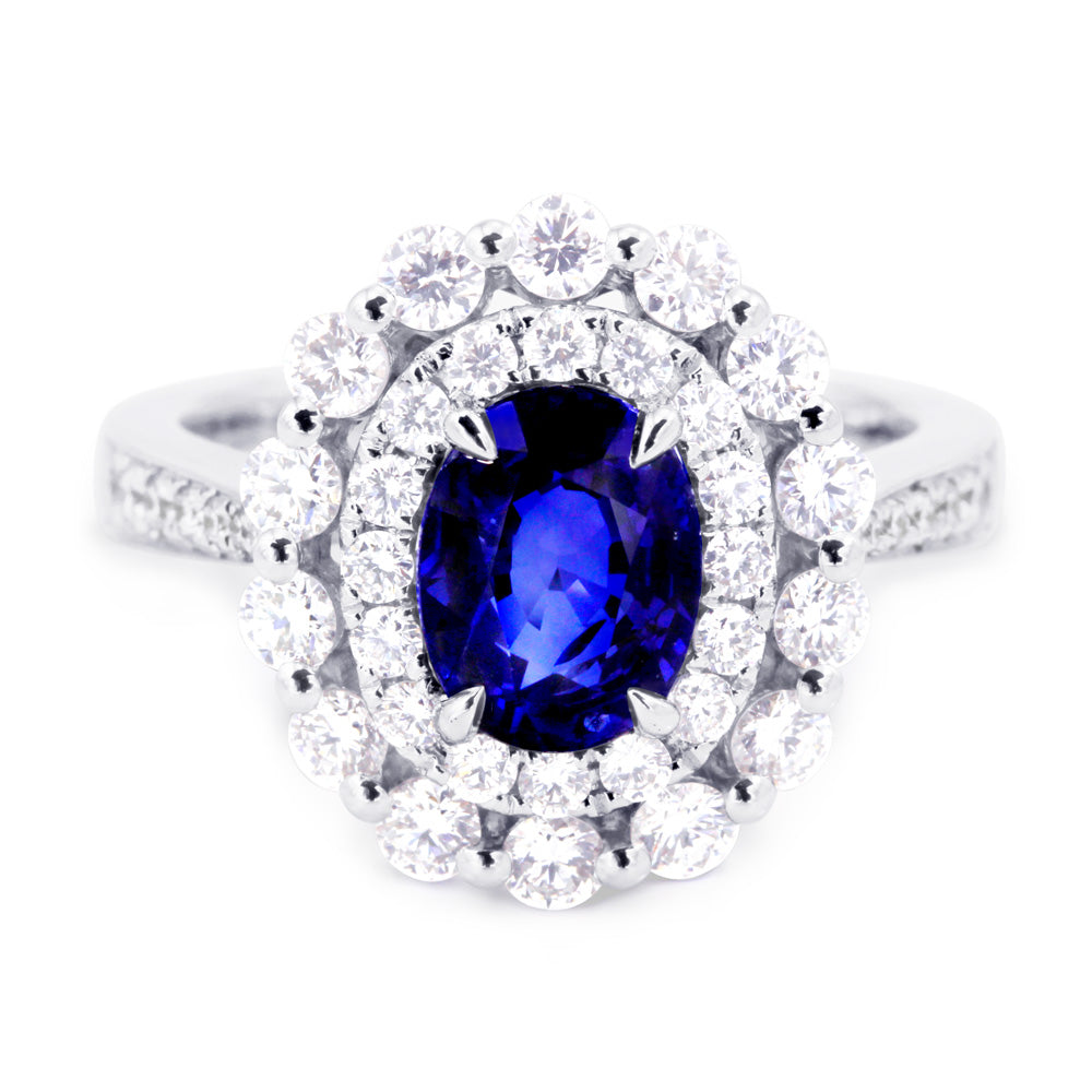 18ct White Gold 2.30ct Oval Cut Blue Sapphire And 1.09ct Double Diamond Halo Ring