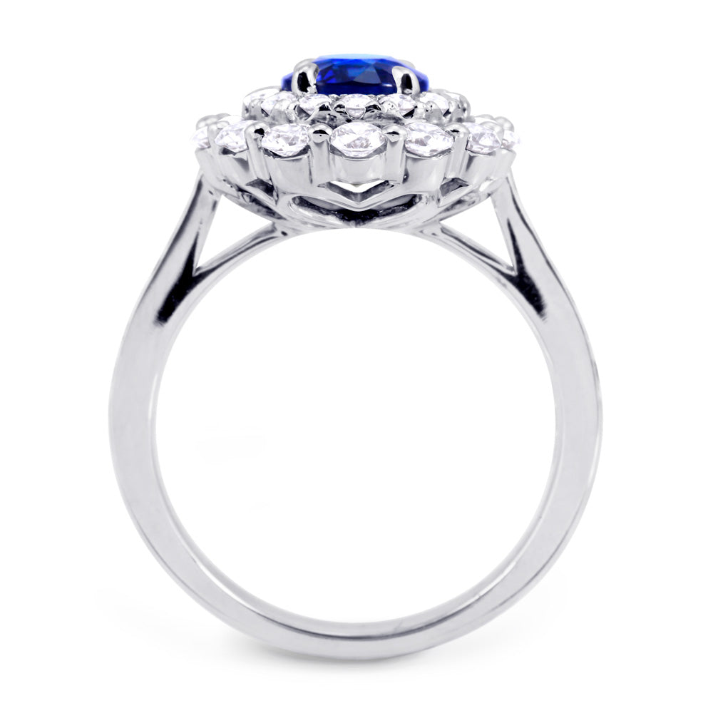 18ct White Gold 2.30ct Oval Cut Blue Sapphire And 1.09ct Double Diamond Halo Ring