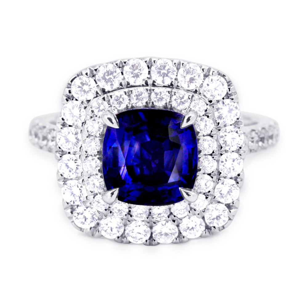 18ct White Gold 2.33ct Cushion Cut Blue Sapphire And 1.08ct Double Diamond Halo Ring