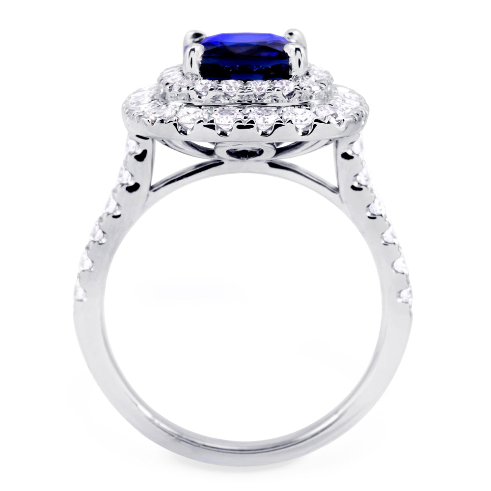 18ct White Gold 2.33ct Cushion Cut Blue Sapphire And 1.08ct Double Diamond Halo Ring