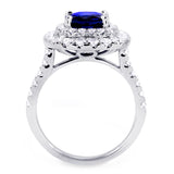 18ct White Gold 2.33ct Cushion Cut Blue Sapphire And 1.08ct Double Diamond Halo Ring