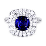 18ct White Gold 2.33ct Cushion Cut Blue Sapphire And 1.08ct Double Diamond Halo Ring