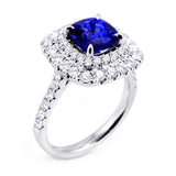 18ct White Gold 2.33ct Cushion Cut Blue Sapphire And 1.08ct Double Diamond Halo Ring