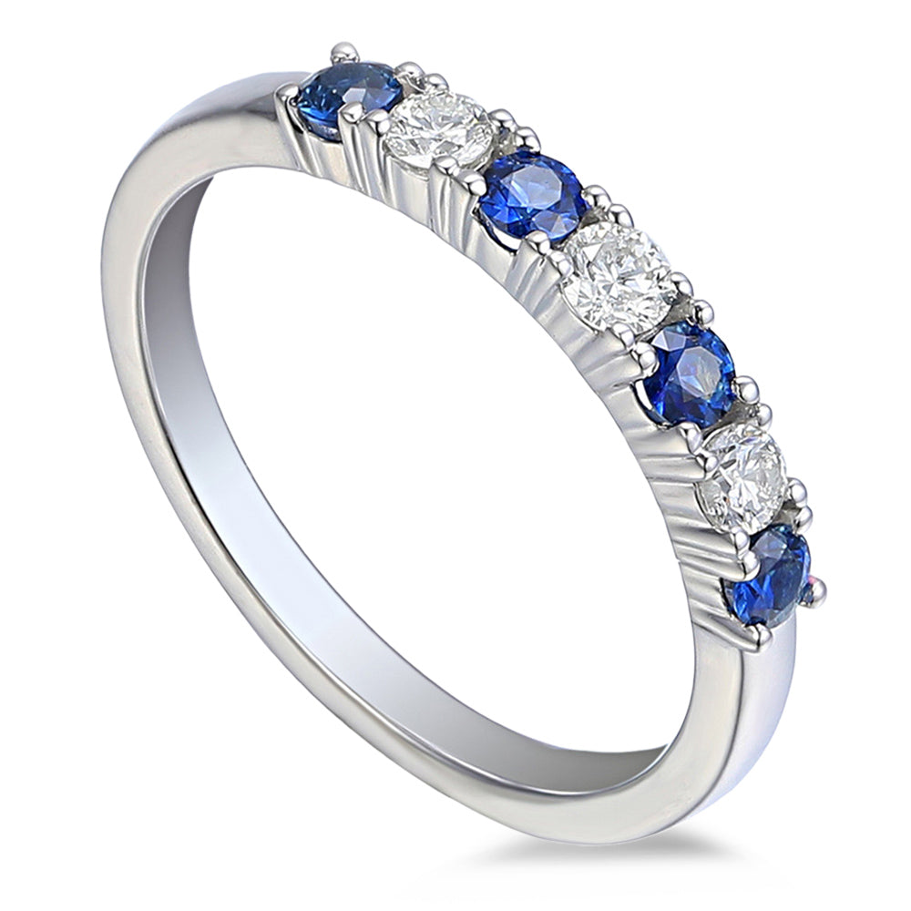 18ct White Gold 0.31ct Blue Sapphire And 0.18ct Diamond Round Brilliant Cut Seven Stone Ring