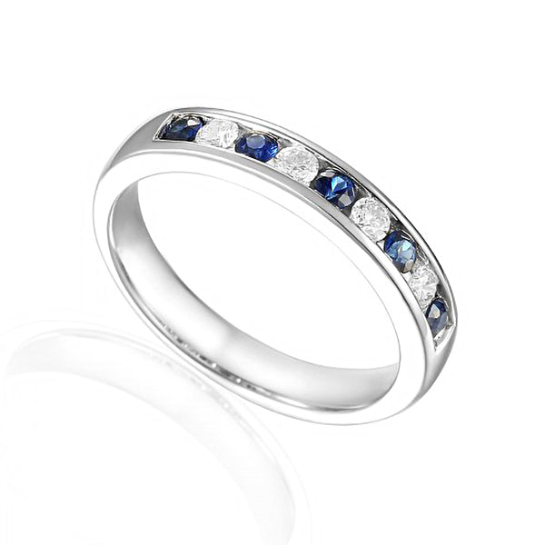 18ct White Gold 0.30ct Blue Sapphire And 0.20ct Diamond Round Brilliant Cut Half Eternity Ring