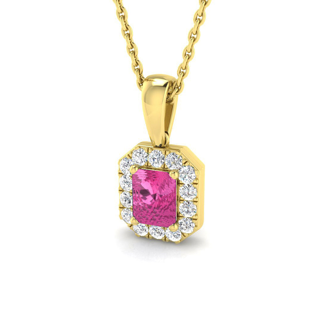18ct Yellow Gold 0.58ct Radiant Cut Pink Sapphire And 0.14ct Diamond Halo Necklace