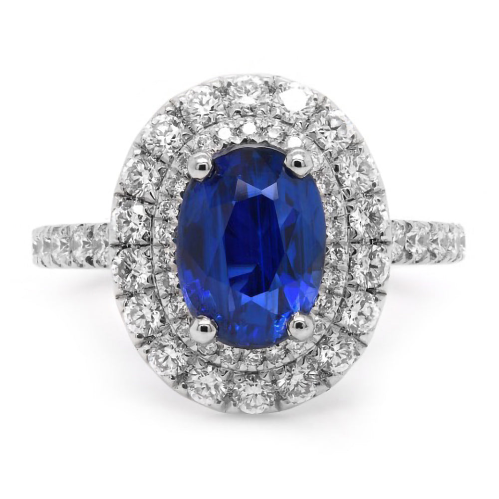 Platinum 1.14ct Oval Cut Blue Sapphire Ring With 0.91ct Double Diamond Halo And Diamond Set Shoulders